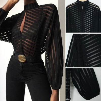 Black Women Mesh Sheer Blouses Ladies Long Sleeve Striped Front Hollow Out Transparent Shirts